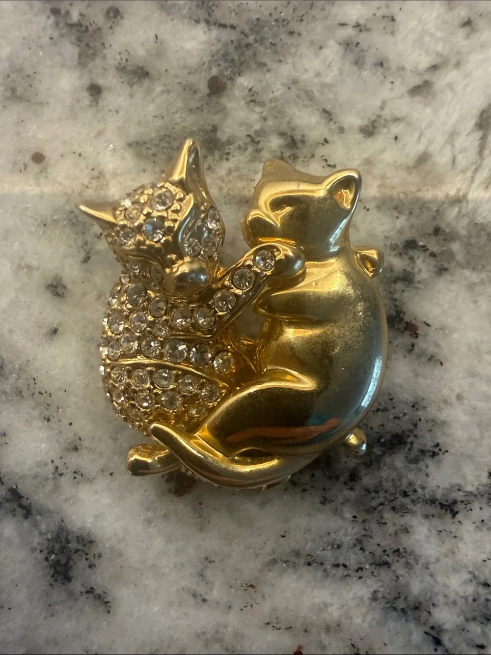 Gold Cat Duo Decorative Pin - Crystal Accent Cat Brooch